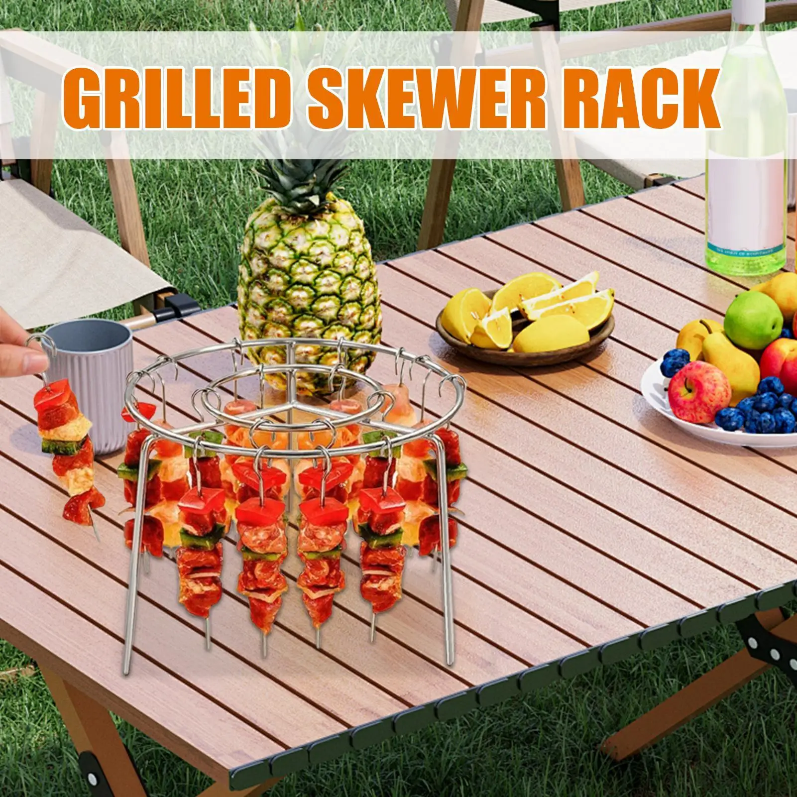 Portable Stainless Steel Air Fryer Grill Round with Grilled Skewers Hanging… - Image 4