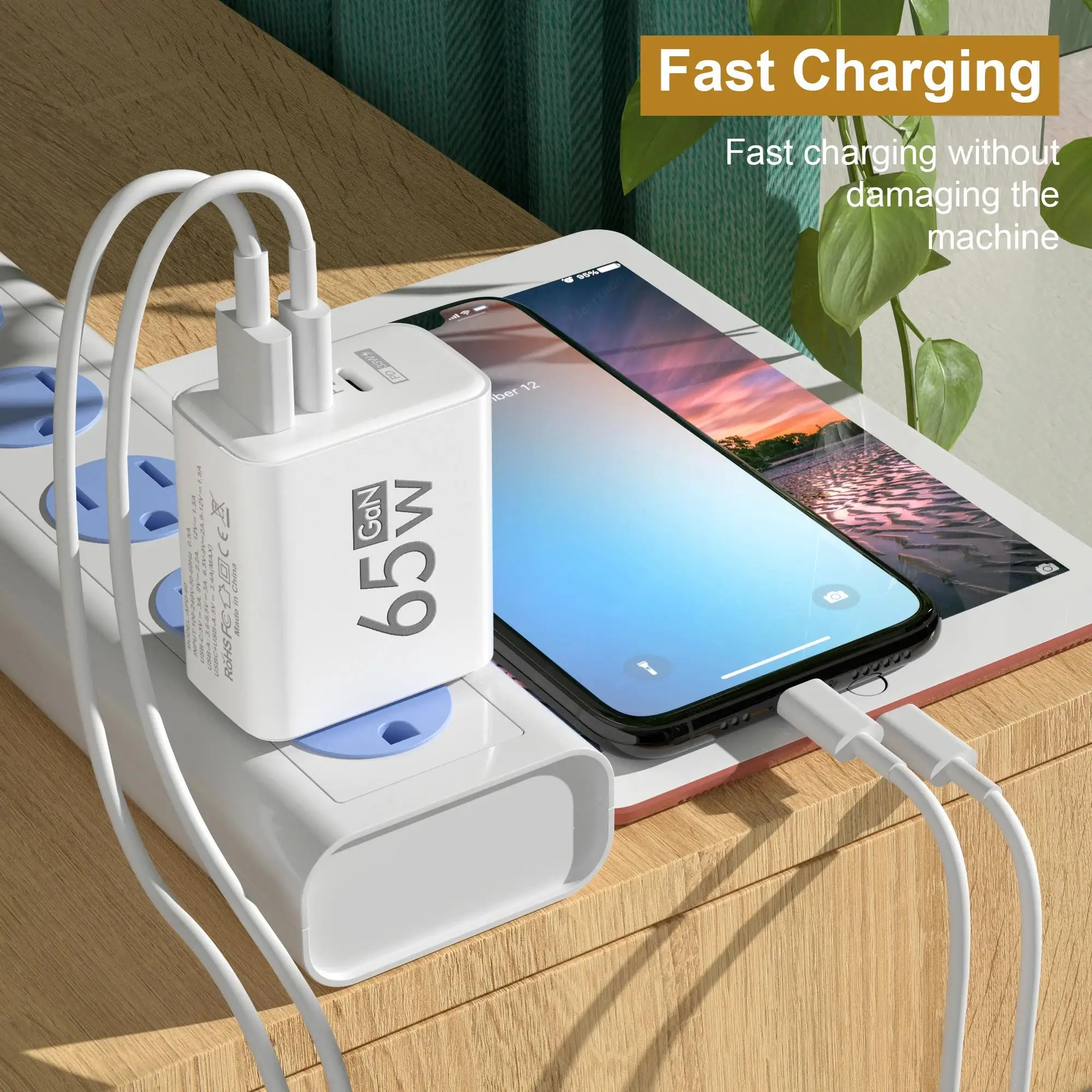 65W GaN USB Charger 3 Ports PD Type C Charging EU Plug Travel Wall Adapter USB C… - Image 2