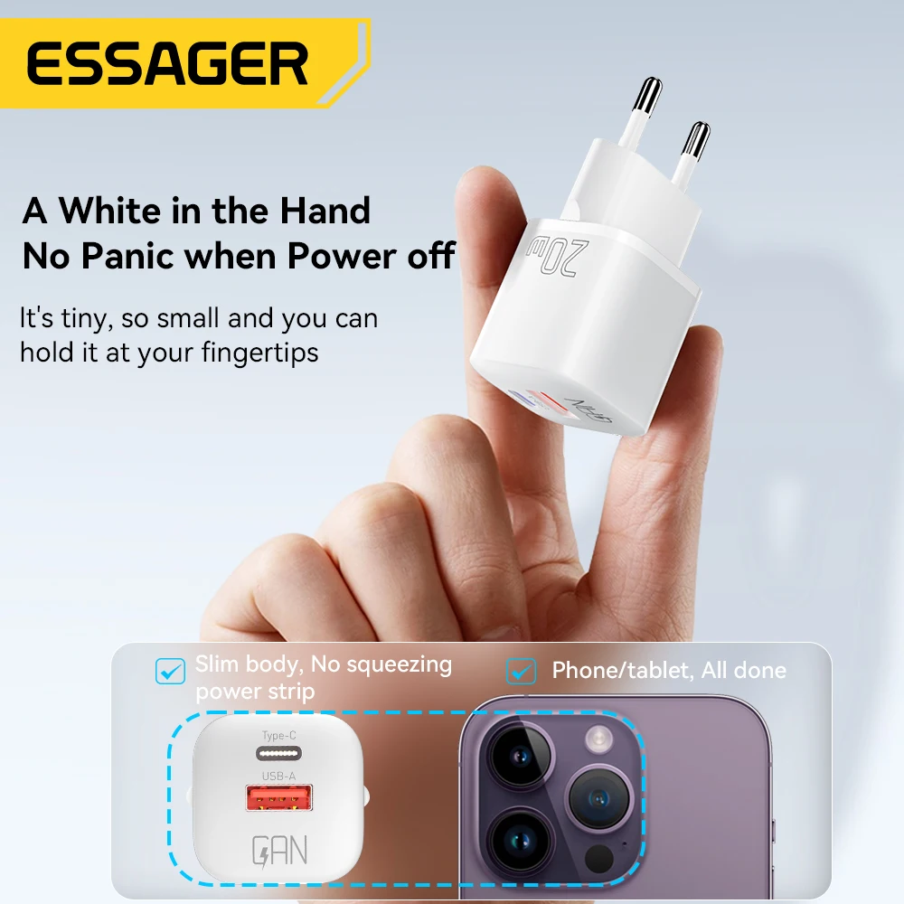 Essager 20W GaN USB Type C Charger PD Fast Charge Phone QC 3.0 Quick Chargers For… - Image 3