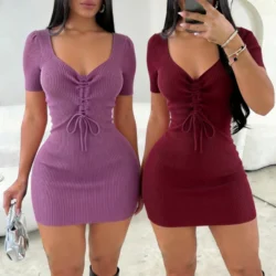 Women's Lavender Purple Sundress V-Neck Short Sleeve Lace-Up Stretchy Ribbed Knit…