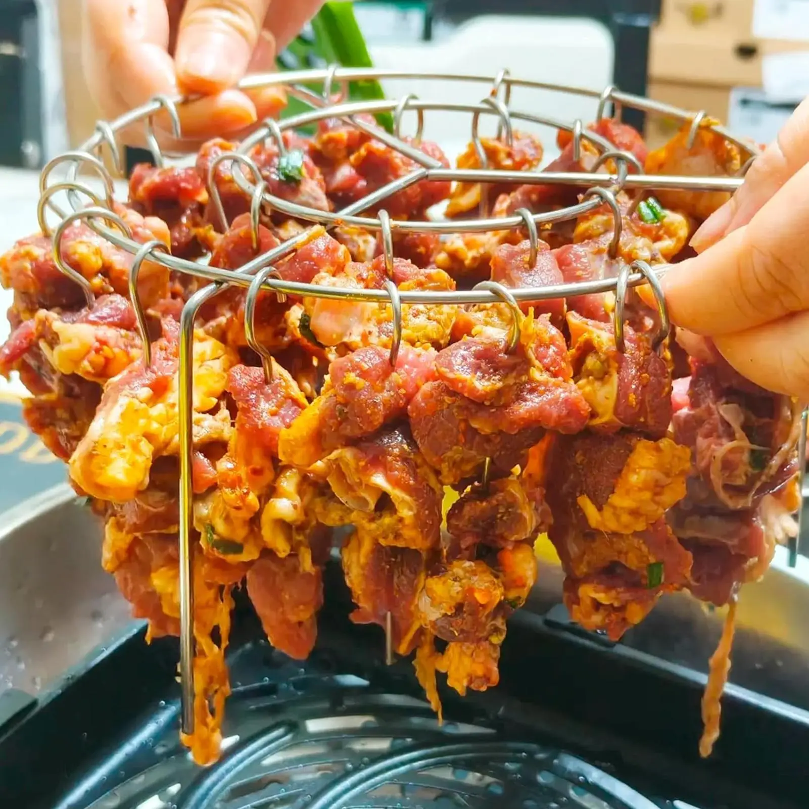 Portable Stainless Steel Air Fryer Grill Round with Grilled Skewers Hanging… - Image 18
