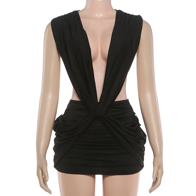 Solid Cross Twist Ruched Bodycon Mini Dress Women Sexy Deep V Neck Sleeveless… - Image 7