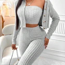 3-Piece Set of Solid Color Camisole, Front-Button Jacket, and Leggings