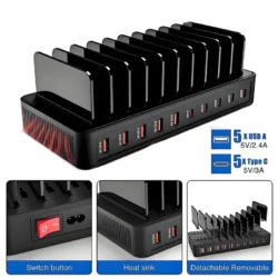 100W Multi-Functional Charger with 5 USB and 5 Type-C Ports Built-in Stand…