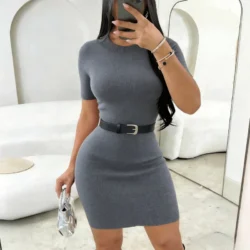 Women's Grey Crew Neck Short Sleeve Sundress Belted Waist Stretchy Ribbed Knit…