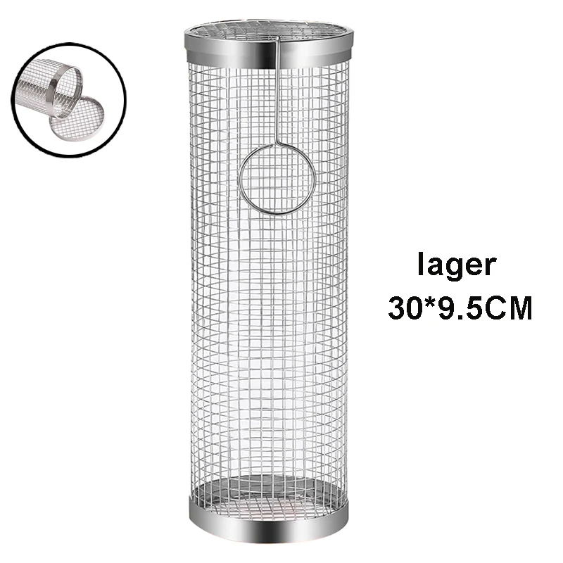 BBQ Basket Stainless Steel Rolling Grilling Basket Wire Mesh Cylinder Grill Basket Portable Round Outdoor Camping Barbecue Rack - Image 7