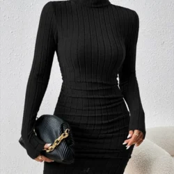 Autumn Women Mini Dresses For Solid Long Sleeves Turtleneck Sexy Bodycon Sheath…
