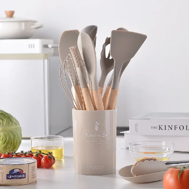 12Pcs Silicone Utensils Set Non-Stick Cookware Spatula Shovel Egg Beaters Wooden… - Image 3