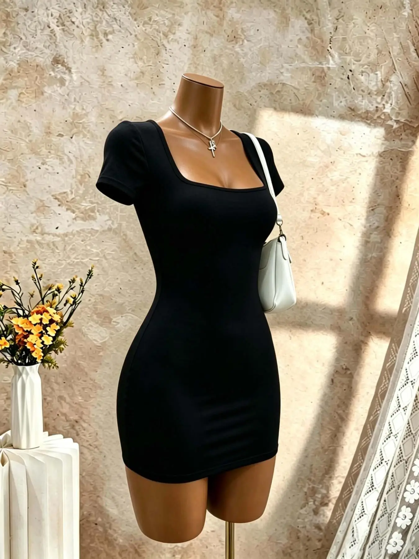 Women Square Neck Short Sleeve Bodycon Mini Dress Solid Black Slim Fit Pencil Club… - Image 3