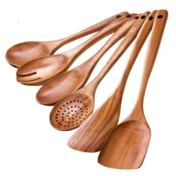 Wooden Kitchen Utensils Sets Acacia Wood Long Handle Spatula Spoons Fork Non-Stick…