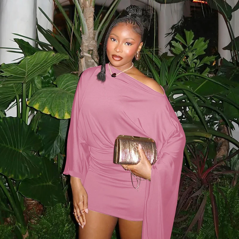 Hugcitar Solid Long Cloak Sleeve Sexy Loose Sexy Ruched Sexy Bodycon Mini Dress… - Image 44