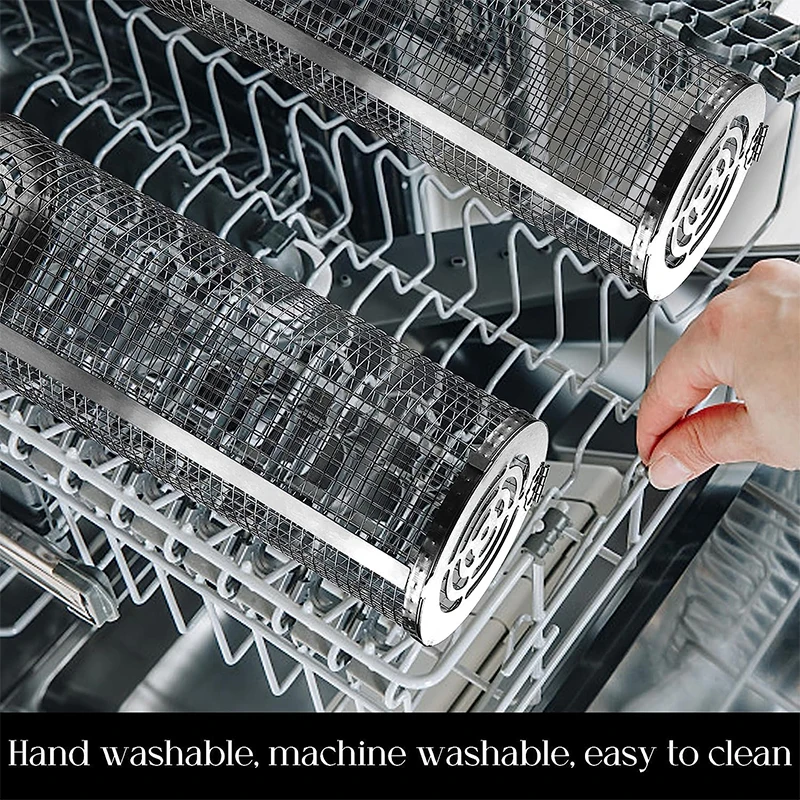 BBQ Basket Stainless Steel Rolling Grilling Basket Wire Mesh Cylinder Grill Basket Portable Round Outdoor Camping Barbecue Rack - Image 4