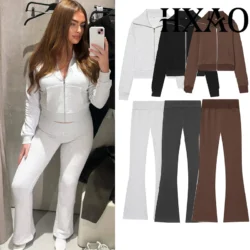 HXAO Women's Suits Flare Pants Sets 2 Piece Set Fleece Elastic Waist Trouser Suit…