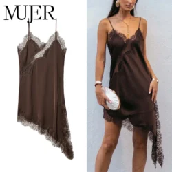 MUJER Lace Slip Mini Dress Women Satin Backless Summer Dress Woman Asymmetric…