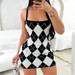 Argyle Pattern Mini Dress Women's Spaghetti Strap Square Neck Sundress Stretchy…