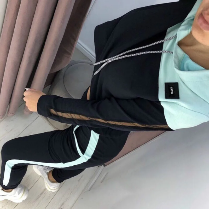 European and American Autumn 2024 Women's Mesh Patchwork Hoodie Set Two-piece Set - Image 2