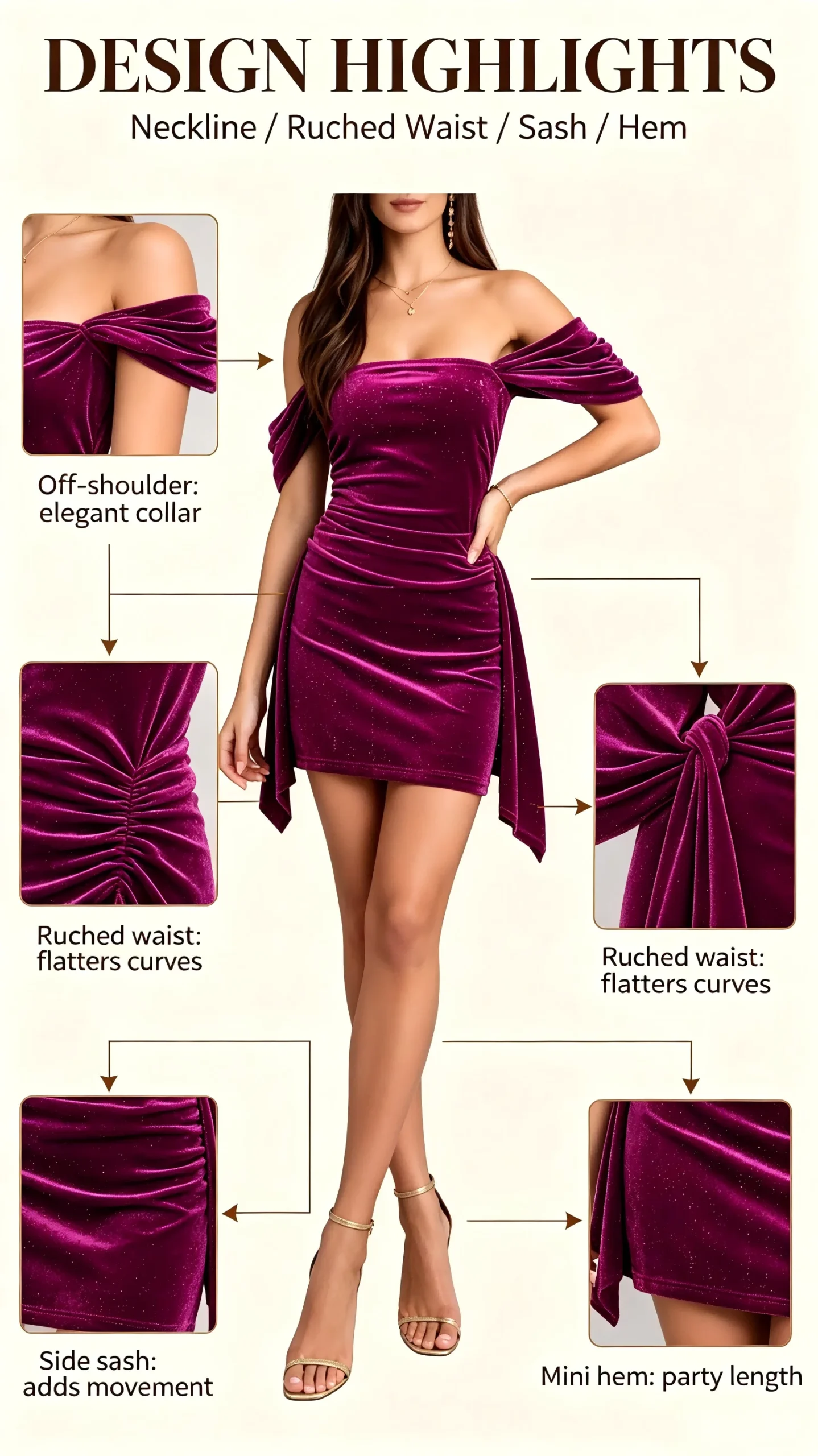 Purple Glitter Velvet Off Shoulder Mini Dress Ruched Sash Bodycon Short Party… - Image 8