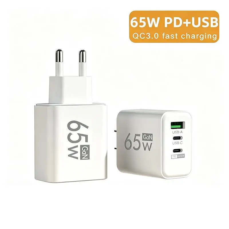 65W GaN USB Charger 3 Ports PD Type C Charging EU Plug Travel Wall Adapter USB C…