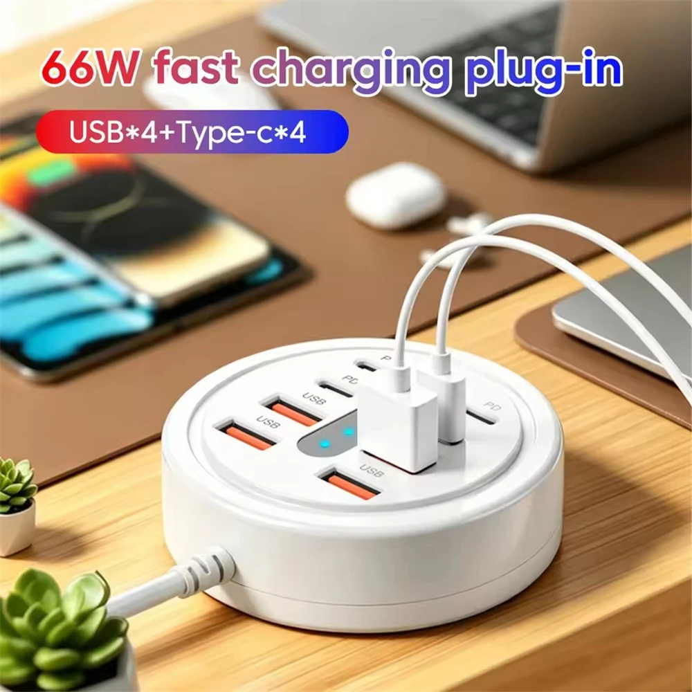 66W Multi Port USB Charging Station 4 QC Fast Charge USB-A 4 Type-C Ports Desktop…