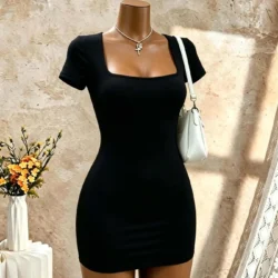 Women Square Neck Short Sleeve Bodycon Mini Dress Solid Black Slim Fit Pencil Club…