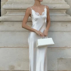 Sexy Women V-neck Satin Sling Maxi Dress Chic White Lace Patchwork Sleeveless…