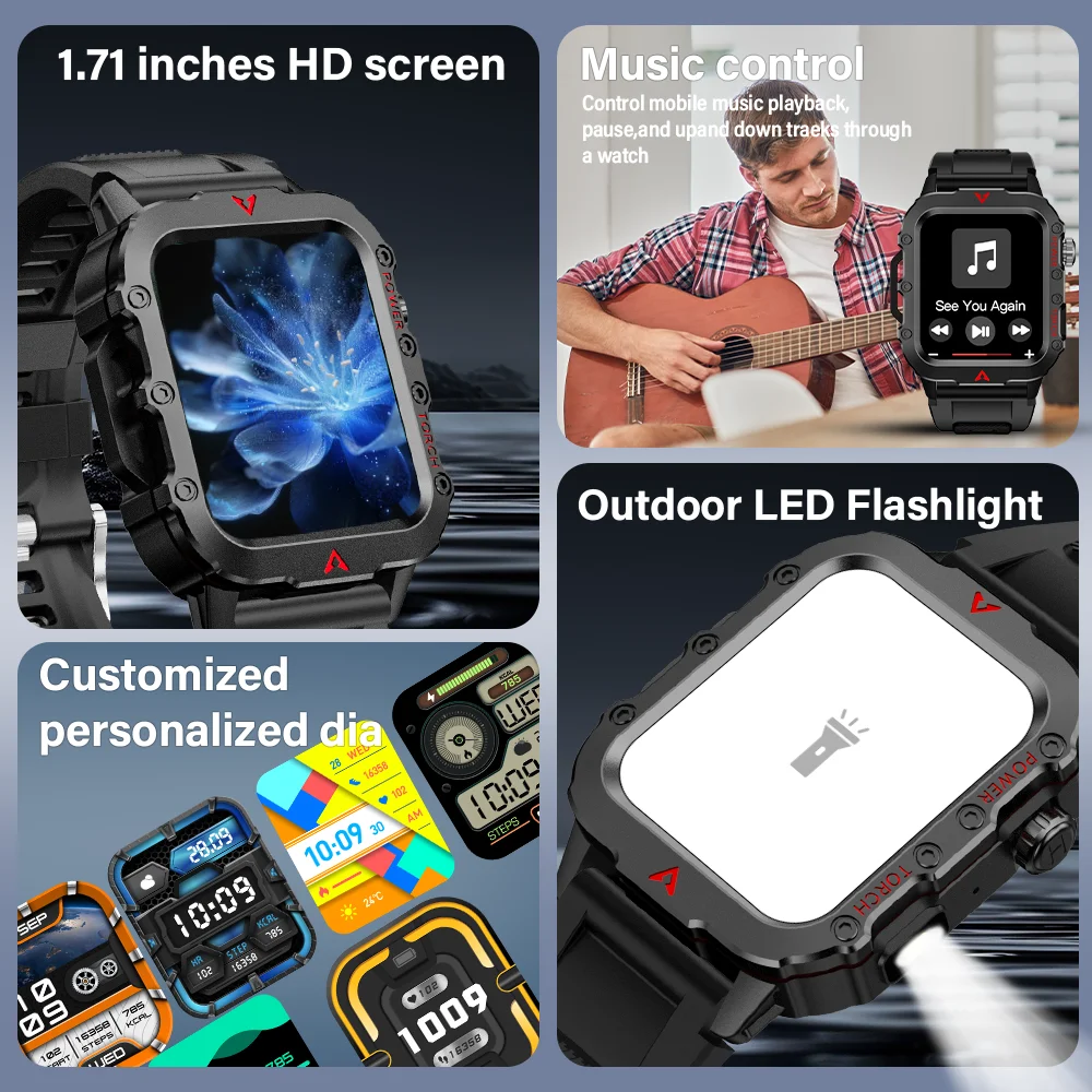 LAXASFIT New Men's Smart Watch LED Flashlight Outdoor Sports Smart Watch Wristwatch Health Monitoring Smart Watch - Image 5