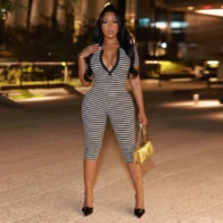 Striped Print Lapel Deep V-Neck Short Sleeved Tight Fitting Jumpsuit Cropped Pants