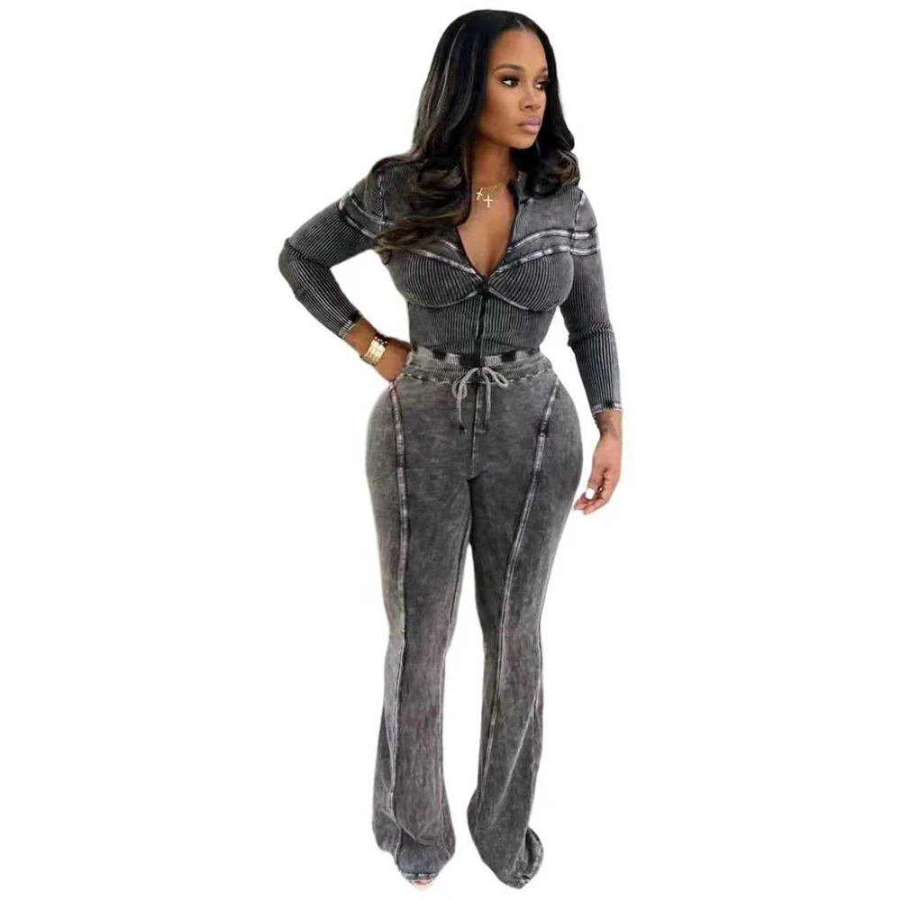Trends 2026 Women's Sets Acid Washed Long Sleeve Zip Tops and Flare Pants Suit… - Image 8