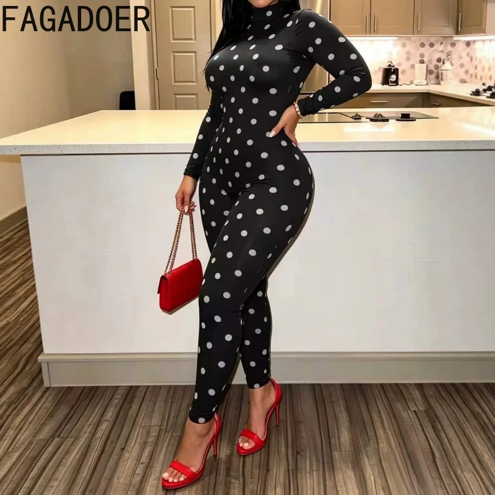 FAGADOER Sexy Women Polka Dot Bodycon Jumpsuit High Neck Long Sleeve Slim Fit One… - Image 4