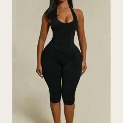 Women Bodycon Shapewear Solid U-Neck Halter Tie Back Corset Jumpsuit Waist Trainer…