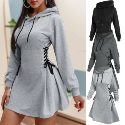 Women Autumn Sweatshirt Dresses Side Lace-Up Waist In Long Sleeve Solid Color…
