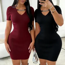 Women's Black Short Sleeve V Neck Cutout Chain Sundress Stretchy Ribbed Knit…