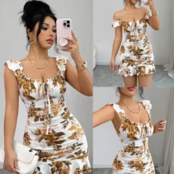 Boho Style Women's Multicolor Mini Cami Dress With Shirred Details And Plants…