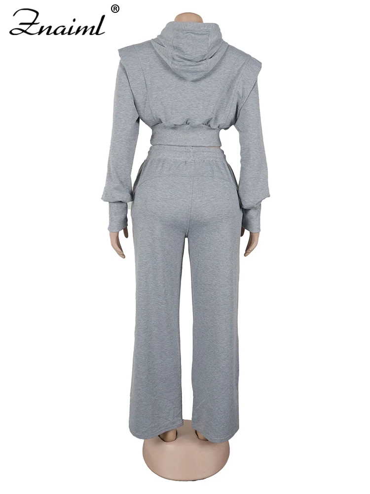 Znaiml Gray Outfit Women Sport Two 2 Piece Winter Sweatshirt Hoodies Tops and Wide… - Image 4