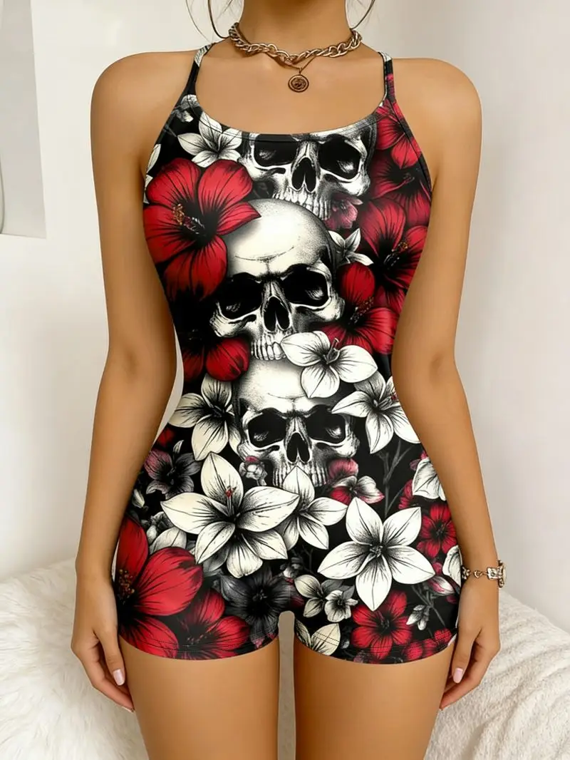 Retro Floral Skull Slimming Jumpsuit Street Style Elastic Fit Tight Suspender… - Image 4