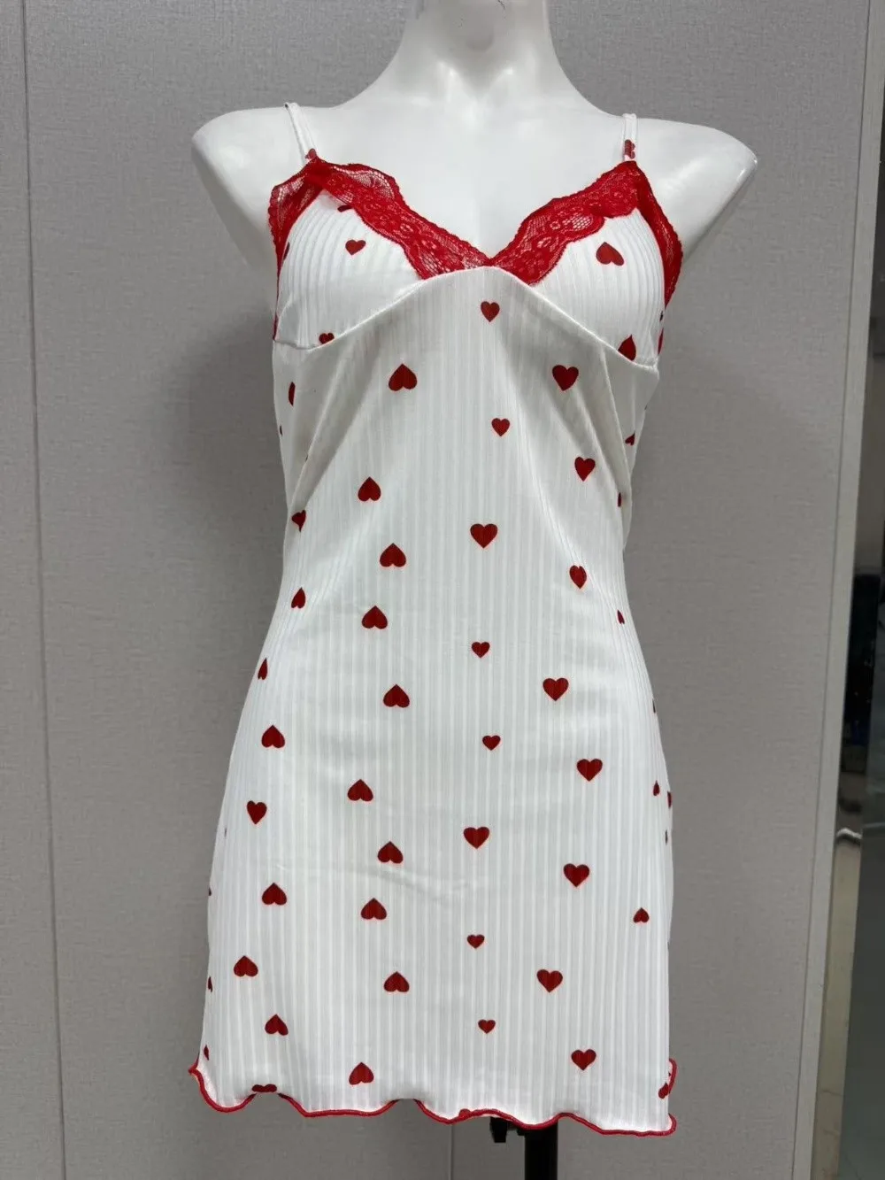 Elegant Heart Print Pajamas Dress Sleeveless V-Neck Nightgown Breathable Slim Fit… - Image 9