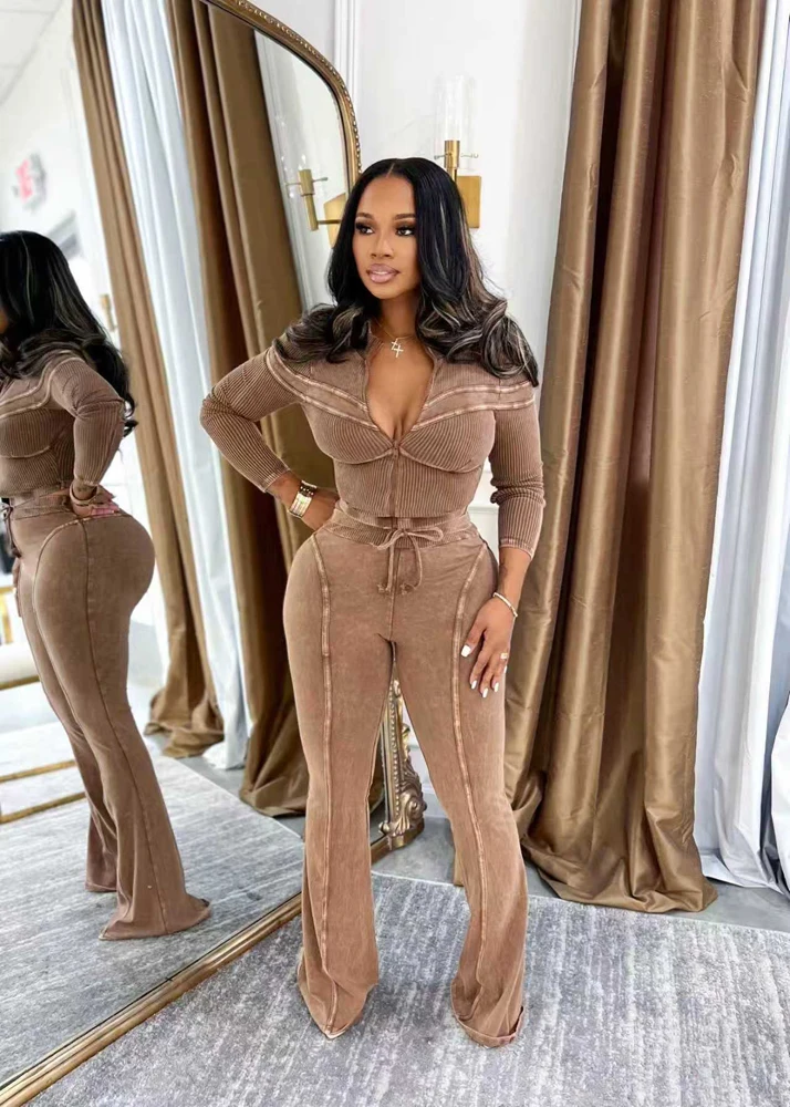 Trends 2026 Women's Sets Acid Washed Long Sleeve Zip Tops and Flare Pants Suit… - Image 2