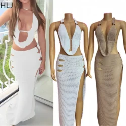 HLJ Women Crochet Knit 2 Piece Outfits Halter Sleeveless Backless Crop Top and…