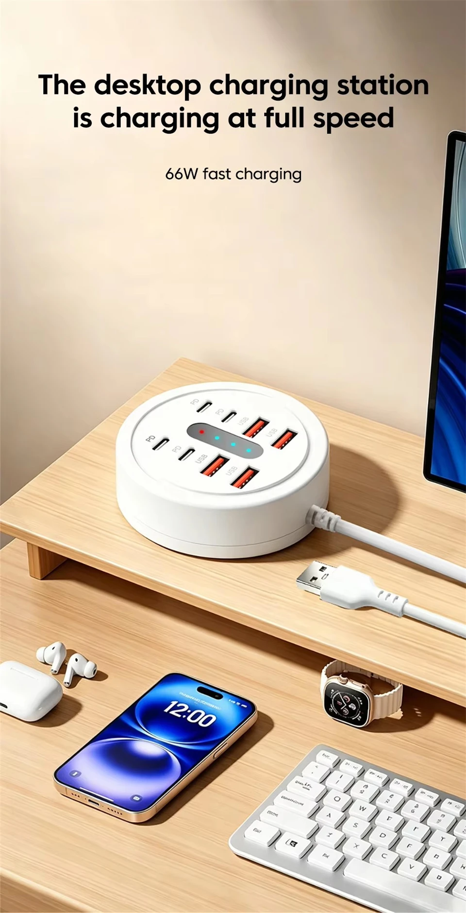 66W Multi Port USB Charging Station 4 QC Fast Charge USB-A 4 Type-C Ports Desktop… - Image 8