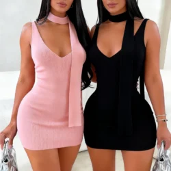 Pink Detachable Scarf Mini Dress Women's Sleeveless Sundress V-Neck Side Slit…
