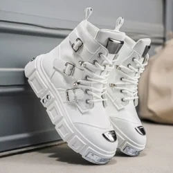 Men's Leather Thick Soled Workwear Short Boots Trendy Brand Personalized and Cool Motorcycle Boots High Top Outdoor Sports Shoes