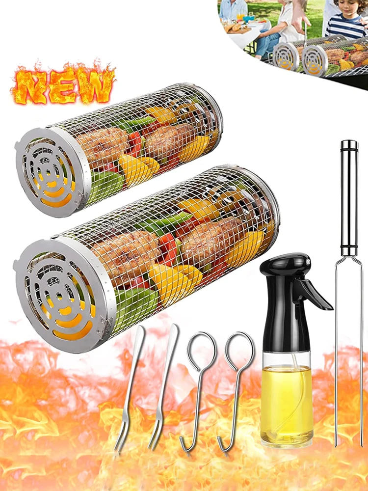 BBQ Basket Stainless Steel Rolling Grilling Basket Wire Mesh Cylinder Grill Basket Portable Round Outdoor Camping Barbecue Rack - Image 13