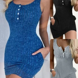 Button Front With Pocket Tank Dress Elegant Sleeveless Bodycon Dress For Spring…