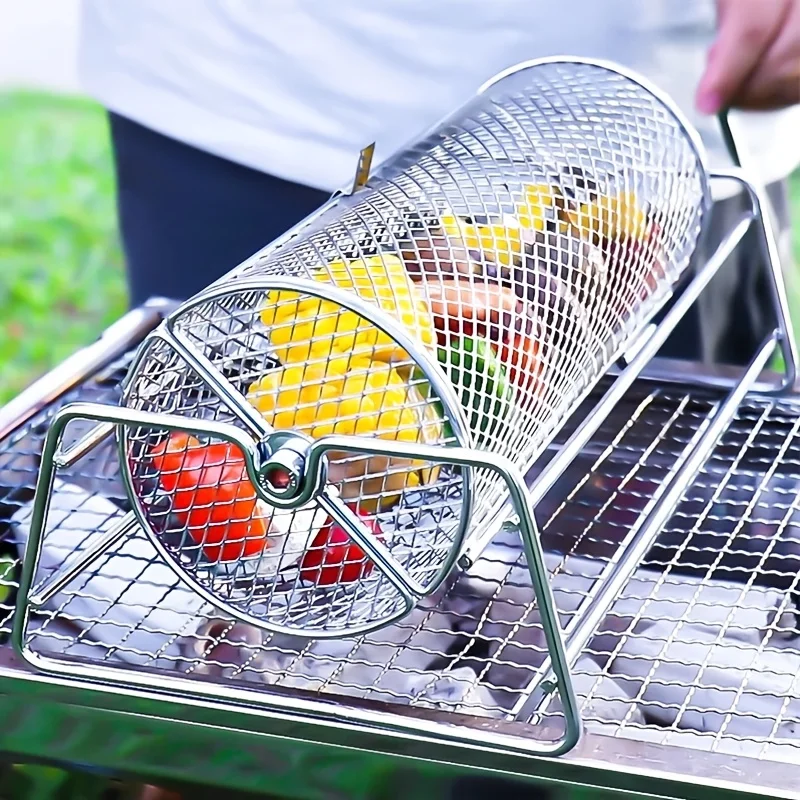 Rolling BBQ Grill Basket Cylinder Rotating 430 Stainless Steel Wooden Handle for… - Image 2