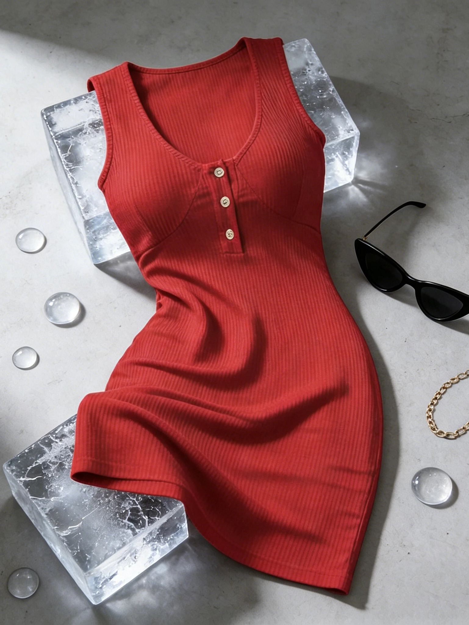 American-Style Spicy Girl Red Ribbed Sleeveless Bodycon Mini Dress, Henley V-Neck… - Image 11
