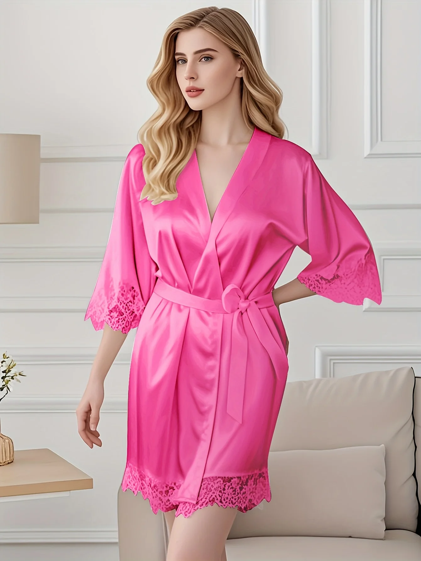 Women's Satin Robe Lace Trim Short Sleeve Belted Bathrobe Lightweight Silky… - Image 7