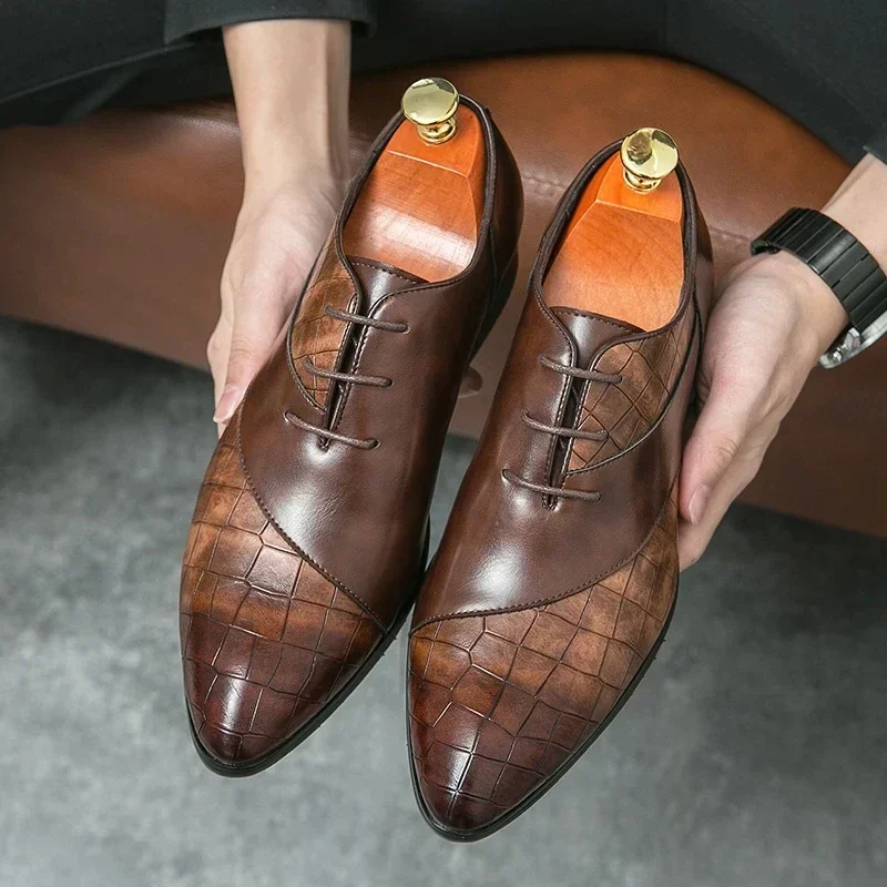 Luxury Leather Shoes for Men Brand Derby Shoes for Men Pointed Toe Lace-up Men's Formal Shoes Handmade Business Footwear 2024