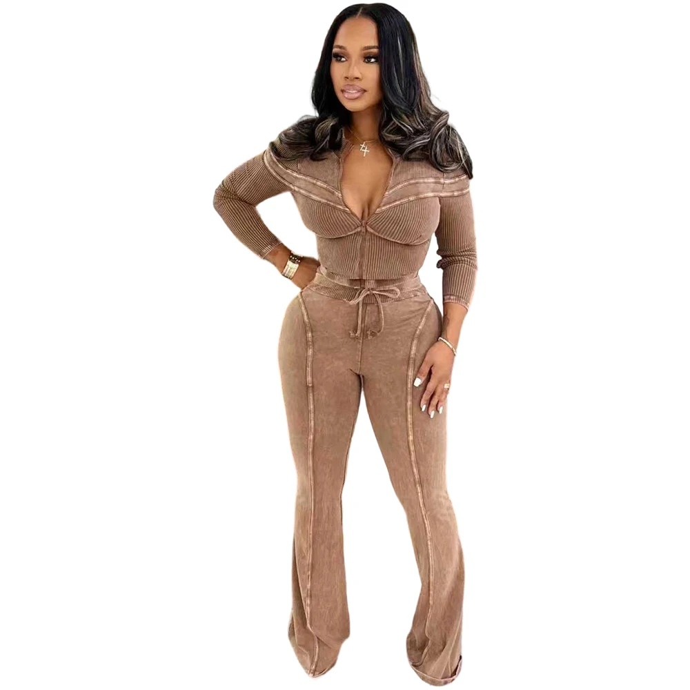 Trends 2026 Women's Sets Acid Washed Long Sleeve Zip Tops and Flare Pants Suit… - Image 7