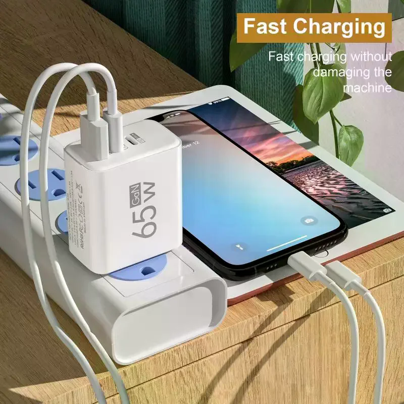 65W GaN Quick Wall Charger EU Plug Dual USB C & USB A Port 3-in-1 Fast Charging… - Image 3