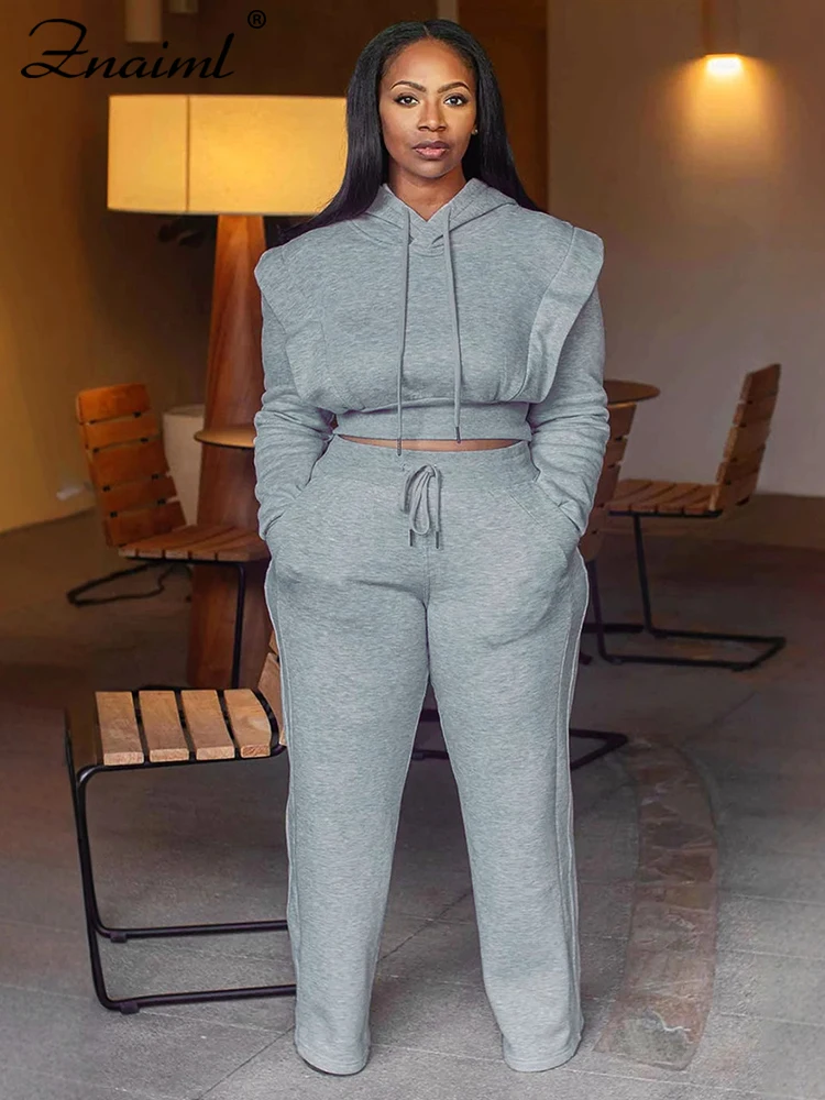 Znaiml Gray Outfit Women Sport Two 2 Piece Winter Sweatshirt Hoodies Tops and Wide…